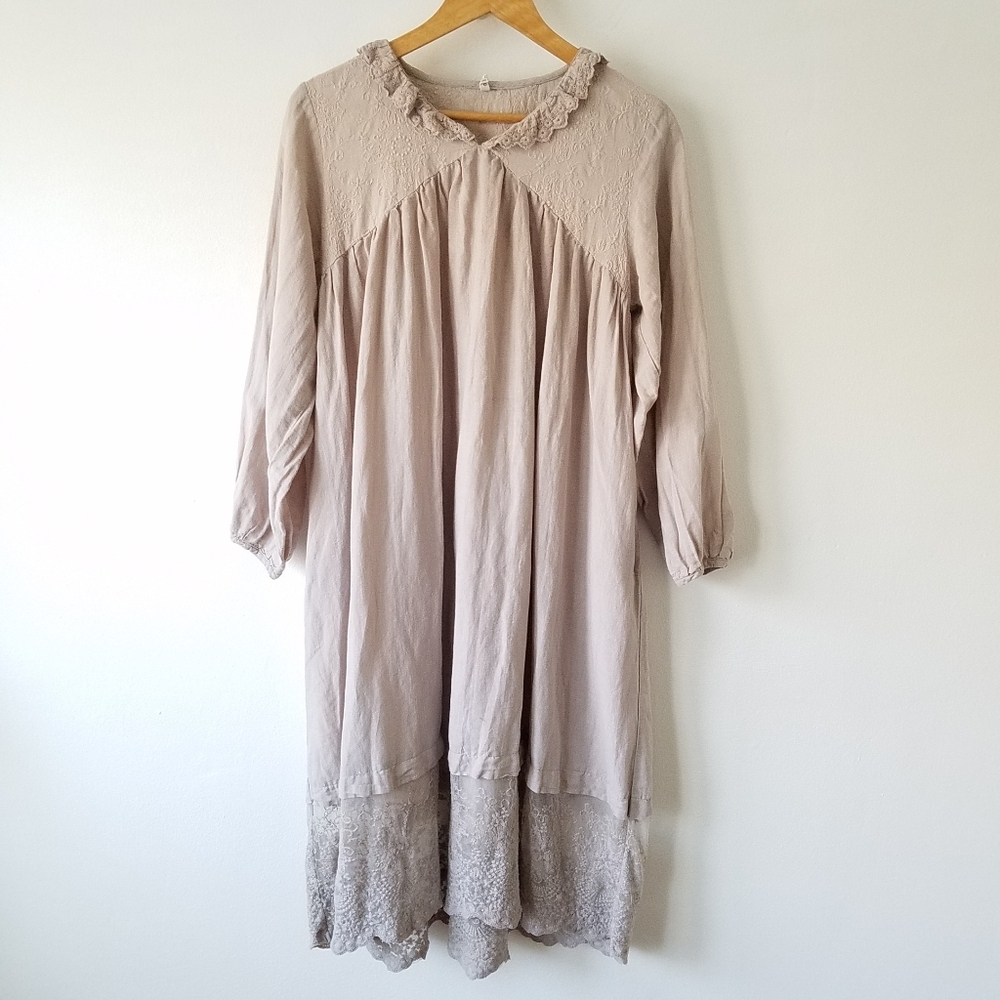 Sea Island Japan Cotton Eyelet Lace Ruffle Natural Shift Midi Dress